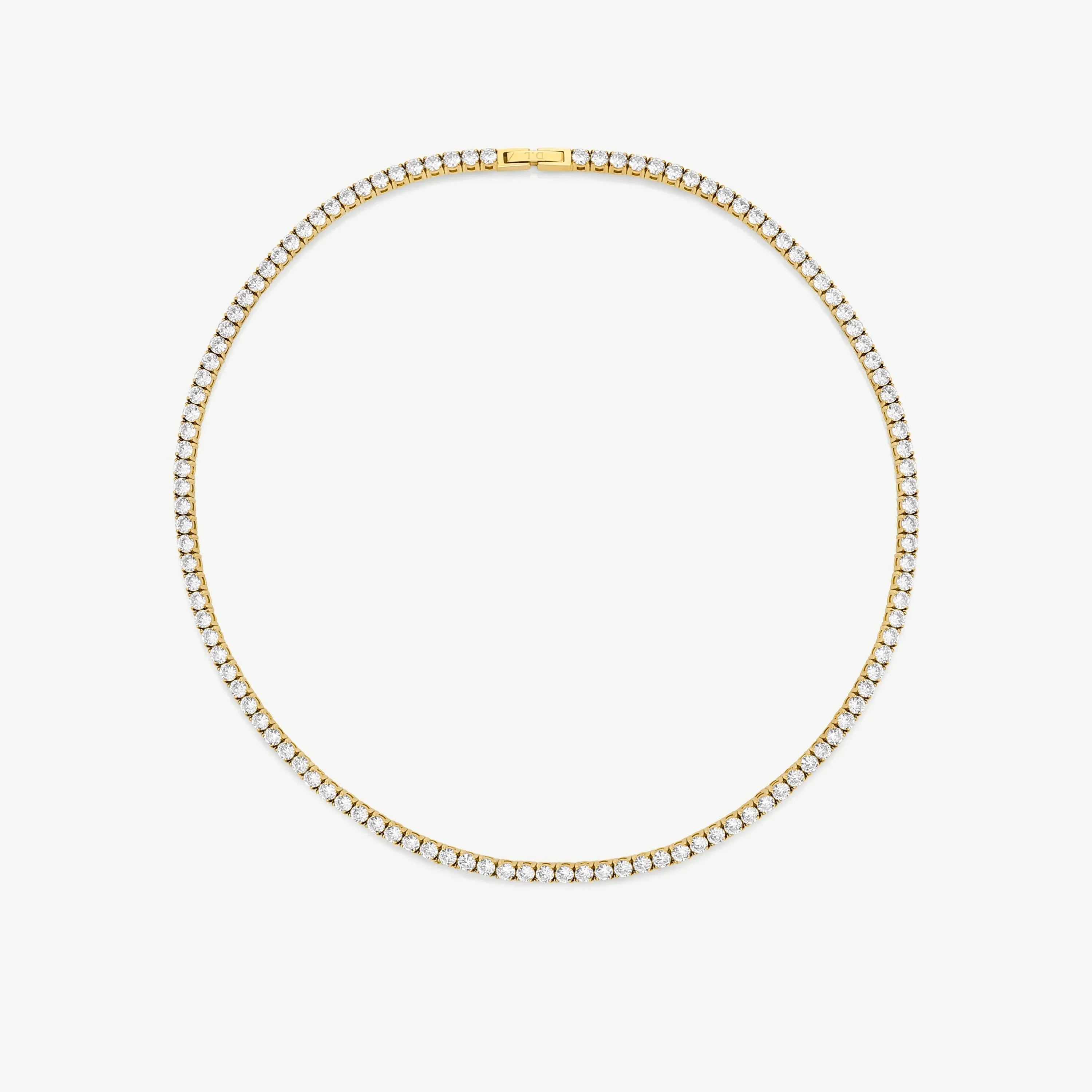 Elegant gold tennis necklace with round brilliant white diamonds on white background
