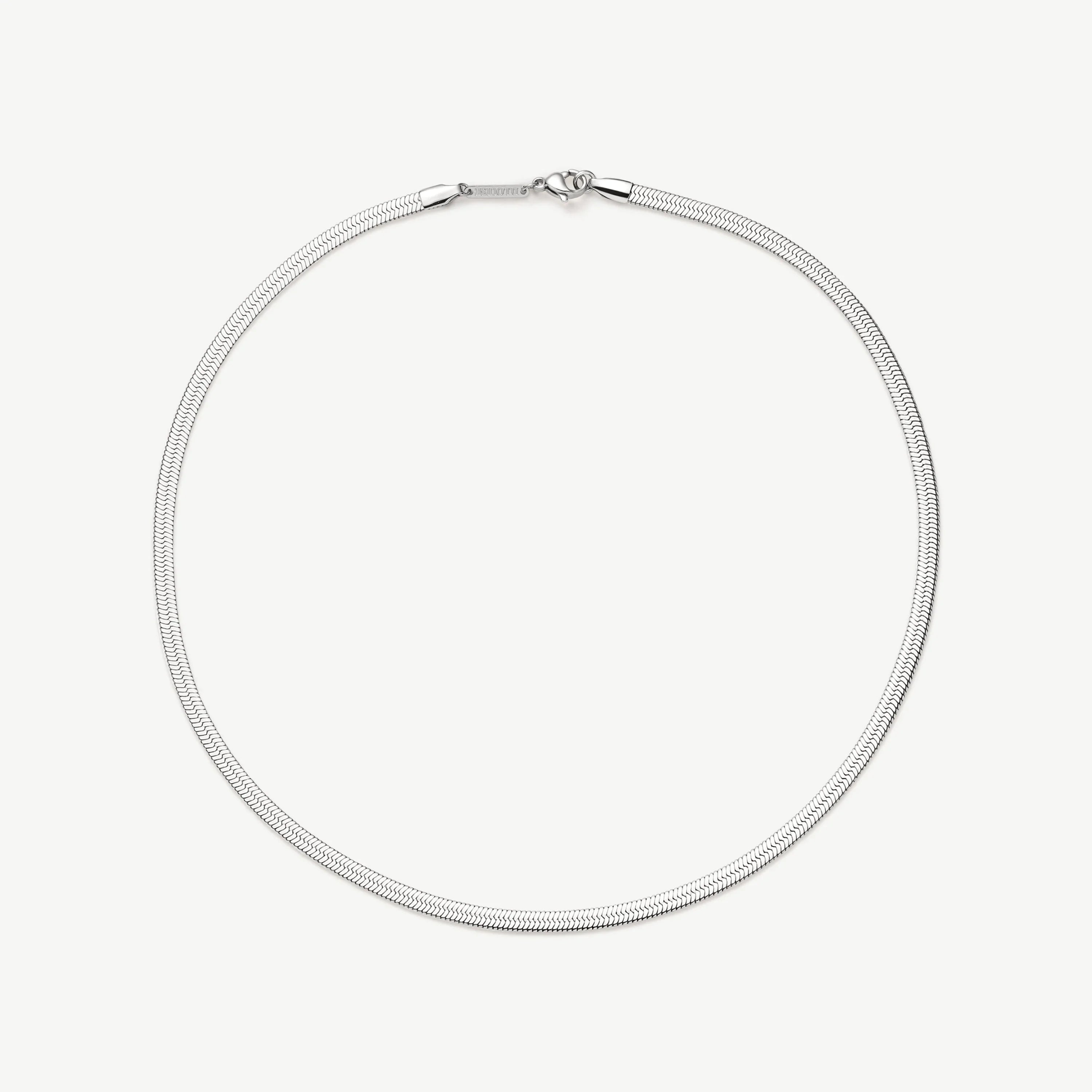 Minimalist silver snake chain necklace with lobster clasp on white background
